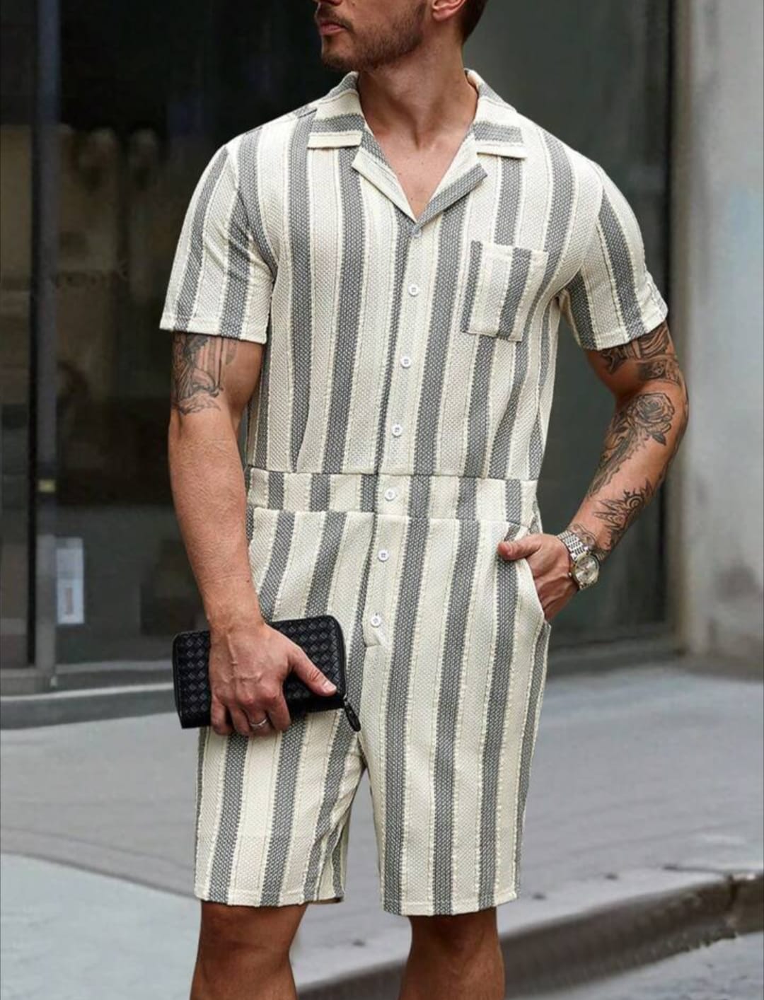 Men's Striped Short Sleeve Casual Romper
